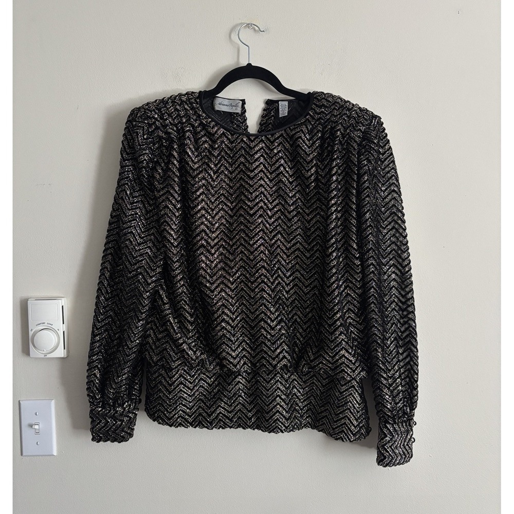 Vintage 80s 90s Adrianna Papell Top Black Gold Chevron Party Going Out Medium